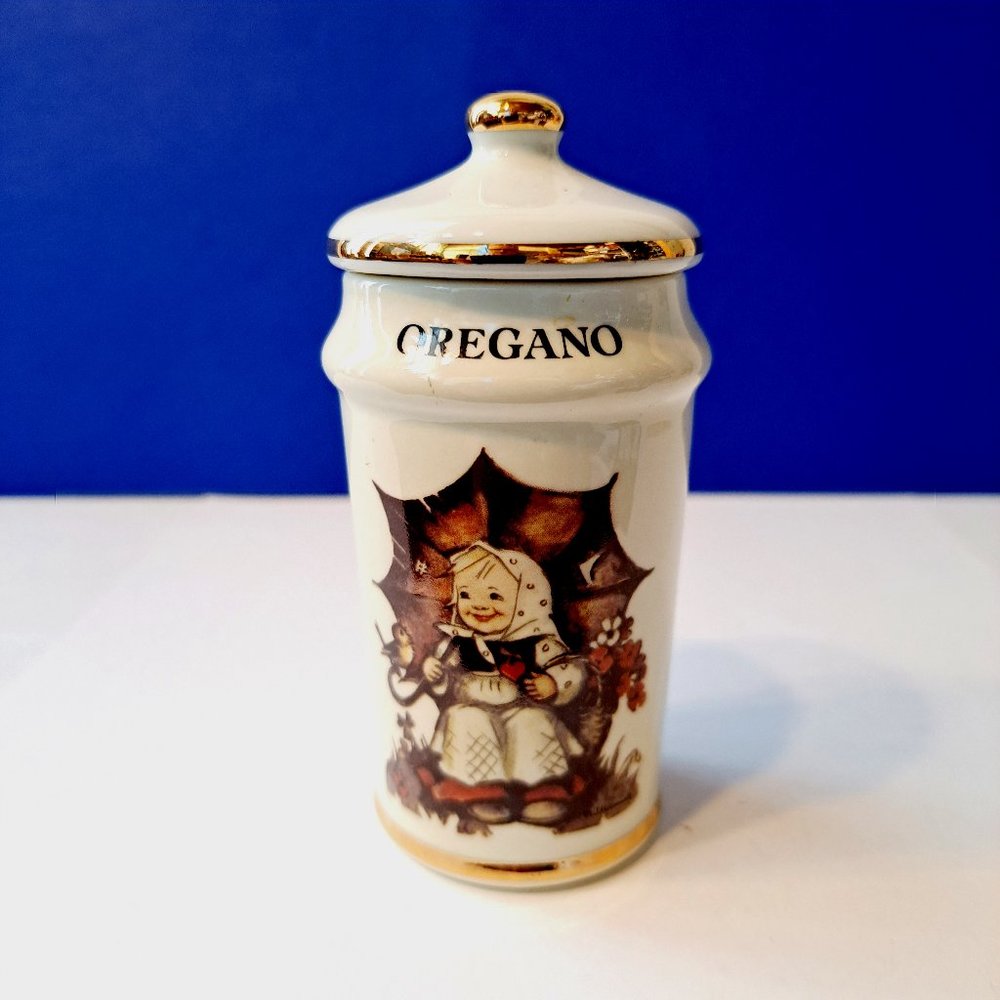 Vintage MJ HUMMEL OREGANO SPICE JAR Danbury Mint Gold Trim Porcelain 1987